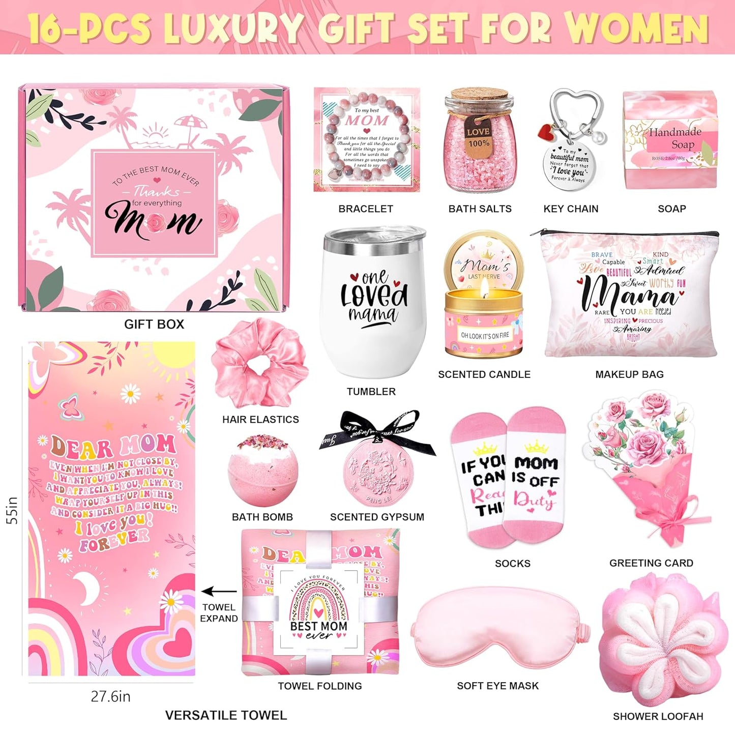 Mother's Day Baskets Gifts for Mom: 16 Pcs Luxury Self-Care