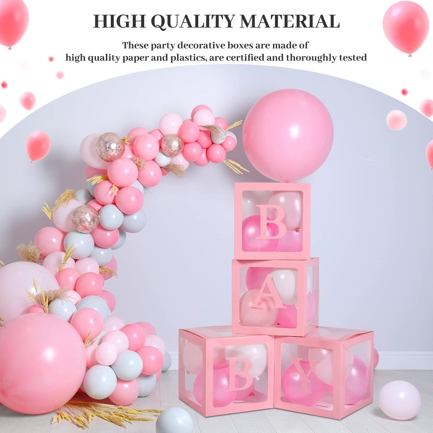 4 Pieces Baby Shower Party Box Big Baby Block Decorations with 3 Set Baby and 26 A-Z Letters, Baby Letters Party Decoration Individual Baby Blocks Design for Boys Girls (Pink)