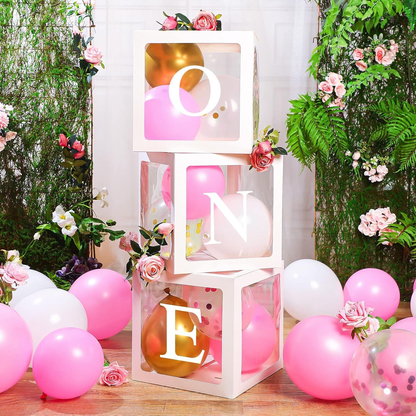 4 Pieces Baby Shower Party Box Big Baby Block Decorations with 3 Set Baby and 26 A-Z Letters, Baby Letters Party Decoration Individual Baby Blocks Design for Boys Girls (Pink)