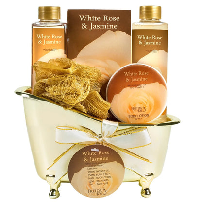 Bath and Body Gift Set for Her White Rose Jasmine Spa Bath Gift Set for Women in Elegant Gold Tub