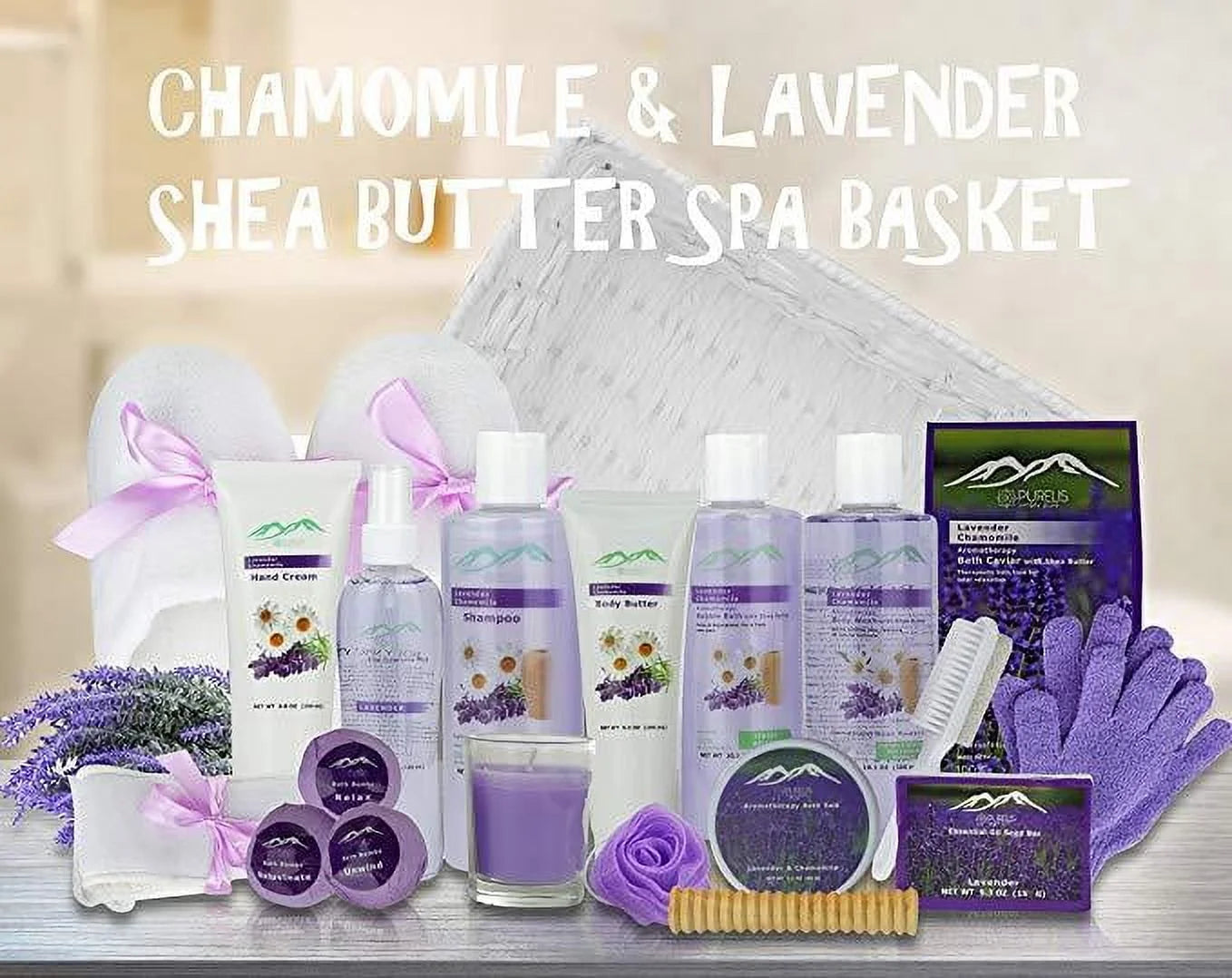 Lavender Chamomile Gift Set, 19-Piece Bath & Body Spa Basket for Women