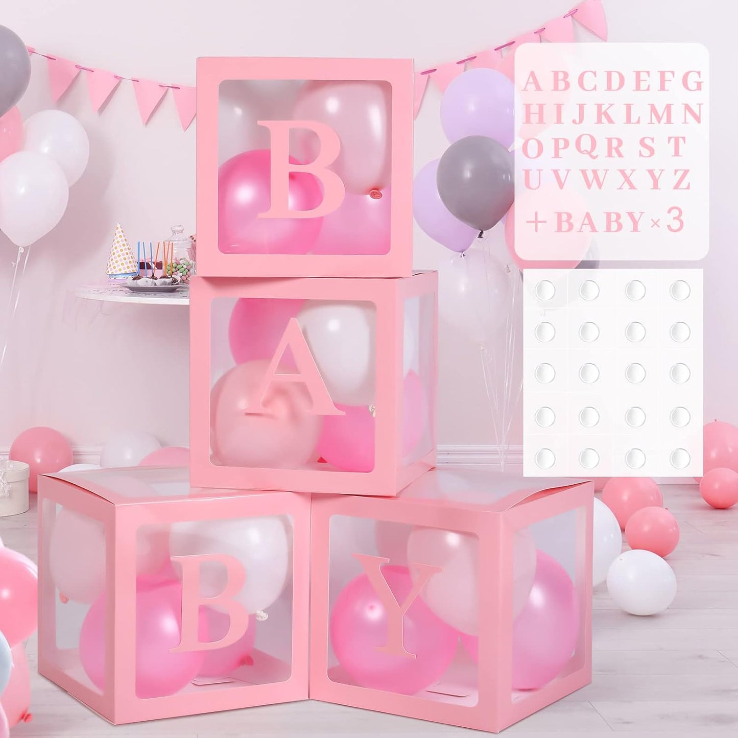 4 Pieces Baby Shower Party Box Big Baby Block Decorations with 3 Set Baby and 26 A-Z Letters, Baby Letters Party Decoration Individual Baby Blocks Design for Boys Girls (Pink)