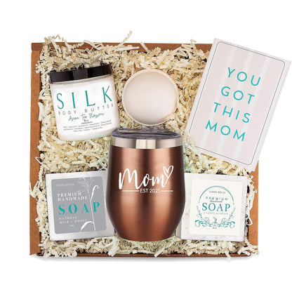 Pregnancy Gifts for First Time Moms - Mom Est. 2021 Spa Bath Box Set W/ Rose Gold Tumbler - New Mom Gift Basket for New Mom - Expecting New Mom Essentials - Pregnancy Must Haves for First Time Moms -