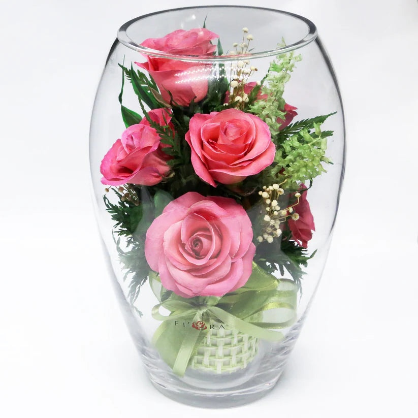 Seven Vibrant Rosy Charm Pink Roses & Stylish Round Vase