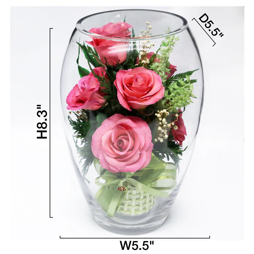 Seven Vibrant Rosy Charm Pink Roses & Stylish Round Vase