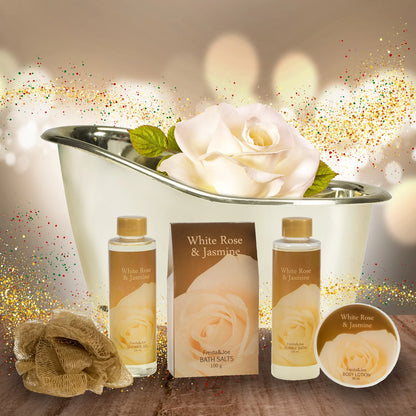 Bath and Body Gift Set for Her White Rose Jasmine Spa Bath Gift Set for Women in Elegant Gold Tub