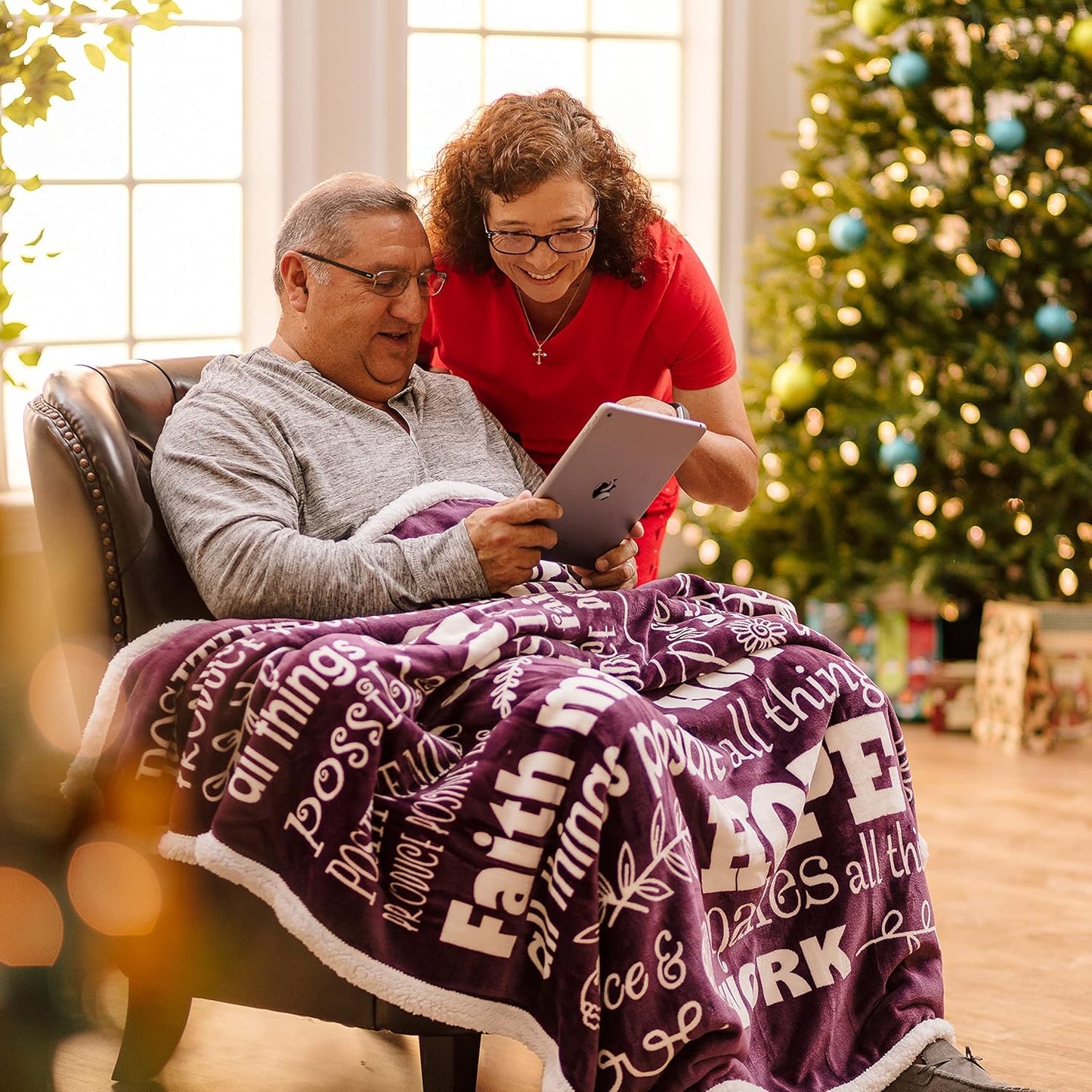 Premium Hope & Faith Gift Throw Blanket - Cozy, Warm & Fluffy Sherpa - Sends Positive Energy, Inspirational Uplifting Comfort for Best Friend, Women, Men & Partner (60X70 Inches) Aubergine