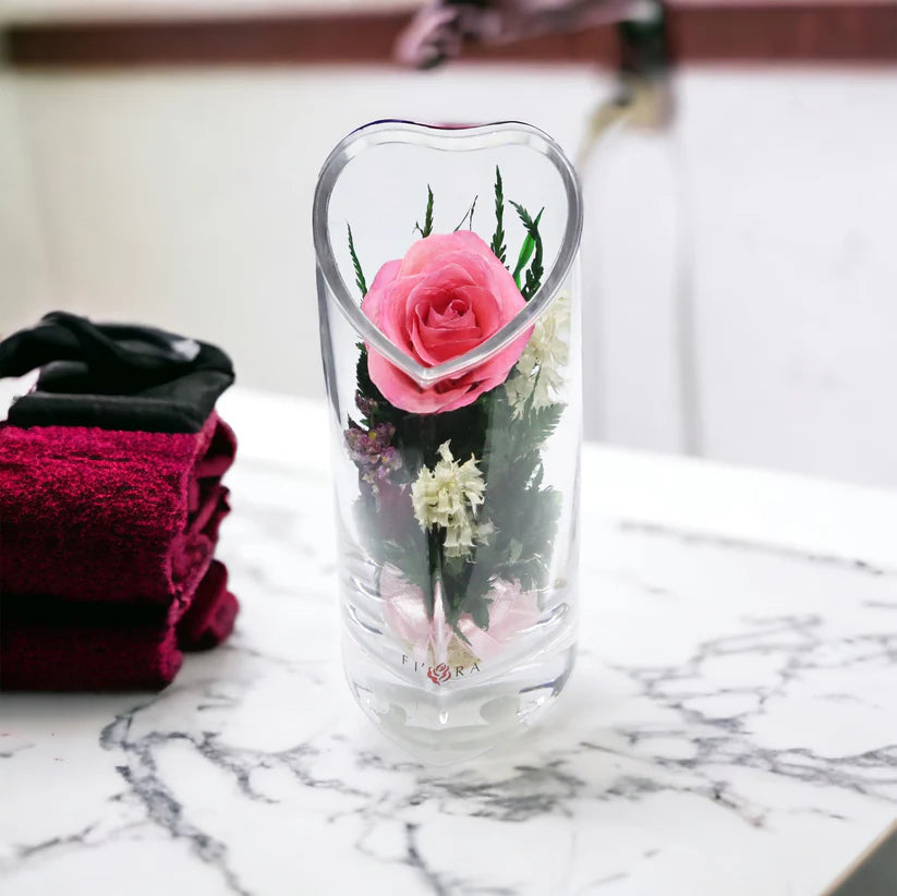 Sweet & Charming Pink Rose in a Heart-Shaped Glass Vase