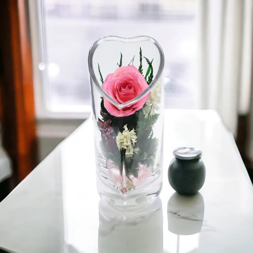 Sweet & Charming Pink Rose in a Heart-Shaped Glass Vase