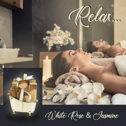 Bath and Body Gift Set for Her White Rose Jasmine Spa Bath Gift Set for Women in Elegant Gold Tub