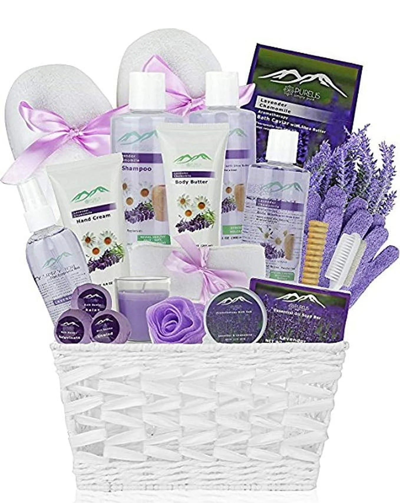 Lavender Chamomile Gift Set, 19-Piece Bath & Body Spa Basket for Women