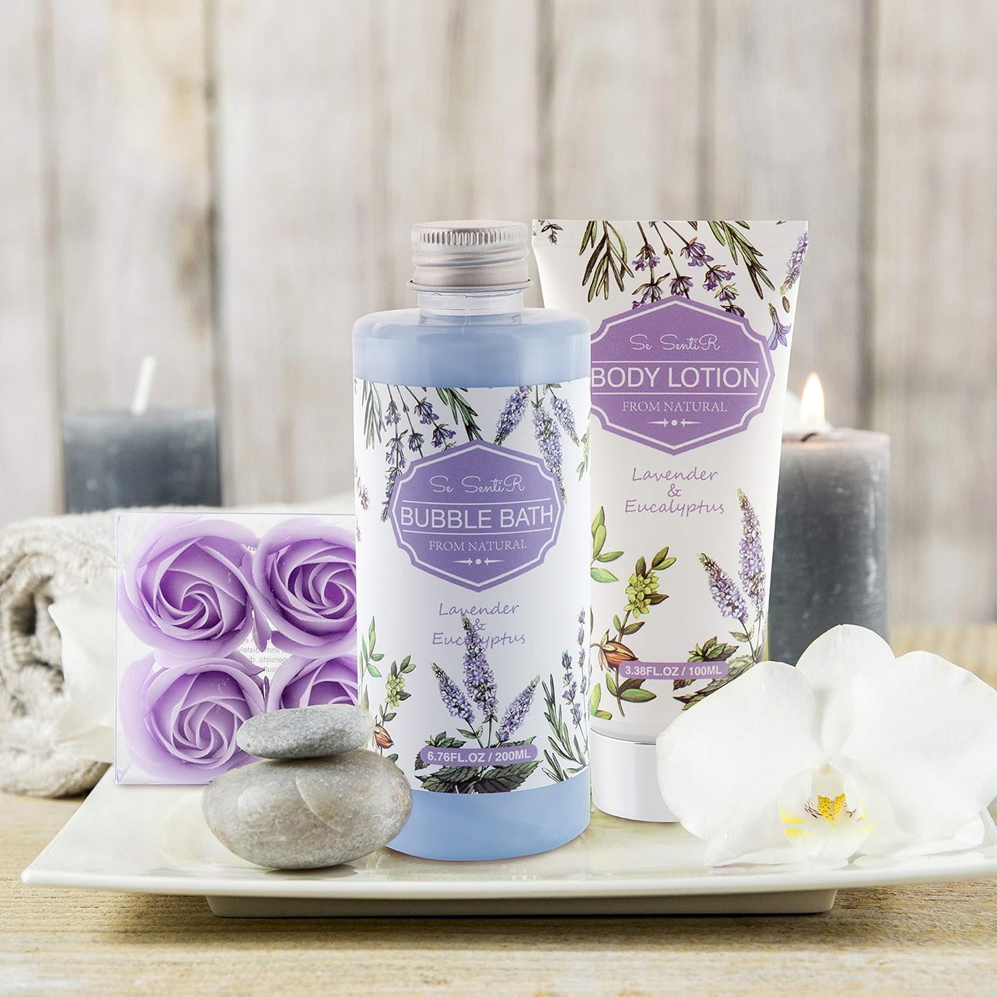 Spa Gift Baskets for Women - Holiday Christmas Gifts for Mom - Relaxing at Home Spa Kit in Lavender Eucalyptus - 12 Pc Home Bath Set Body Lotion Bubble Bath Bombs Bath Salts Shower Gel