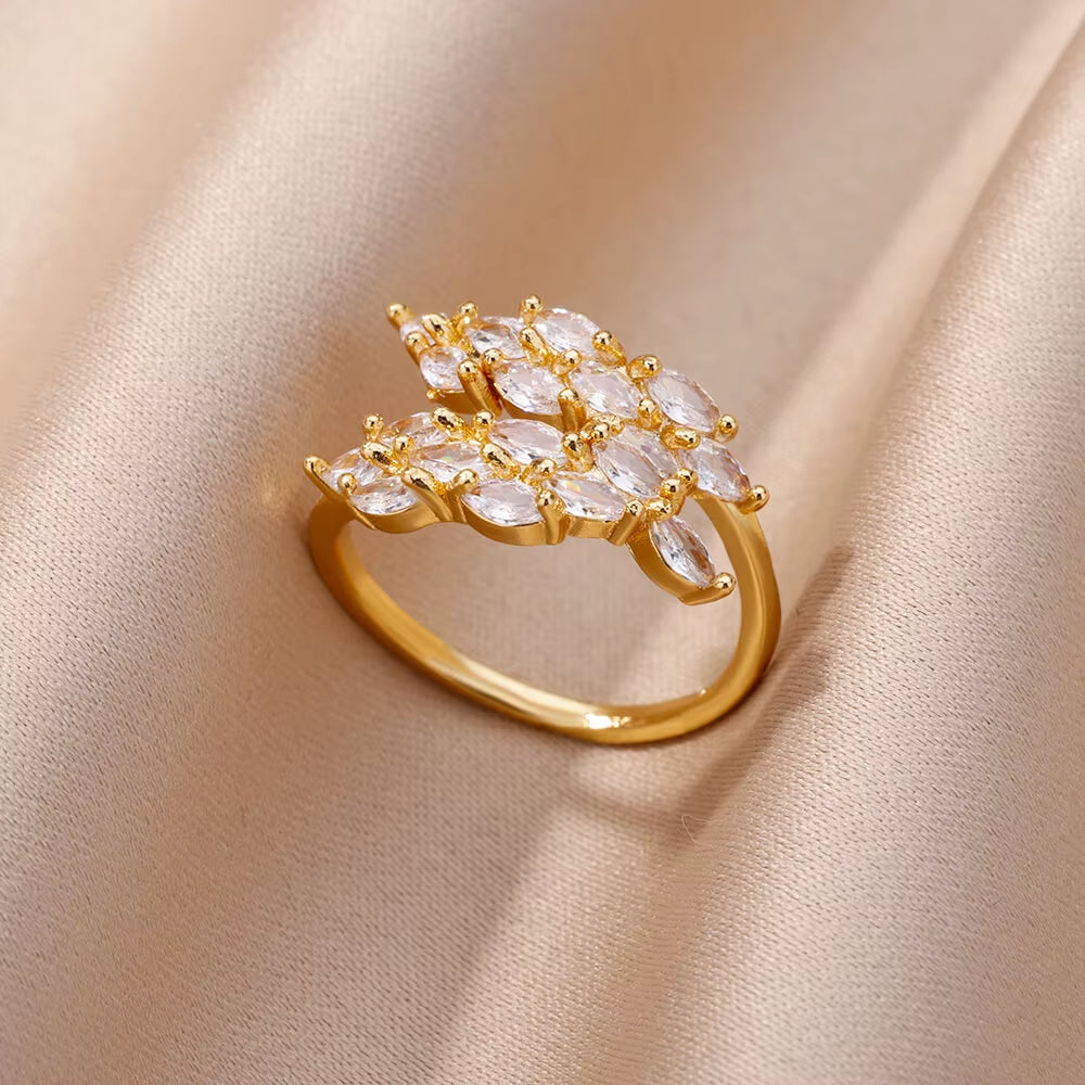 White Zircon Layered Leaf Rings for Women Adjustable Stainless Steel Gold Plated Plant Ring Fashion Aesthetic Wedding Jewerly