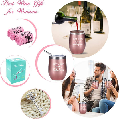 Wine Tumbler and Cupcake Wine Socks Gift Set, 12Oz Wine Tumblers Glasses Coffee Mug with Spillproof Lid and Straw, Stainless Steel Stemless Wine Cup, Best Mother'S Day Birthday Gifts for Women