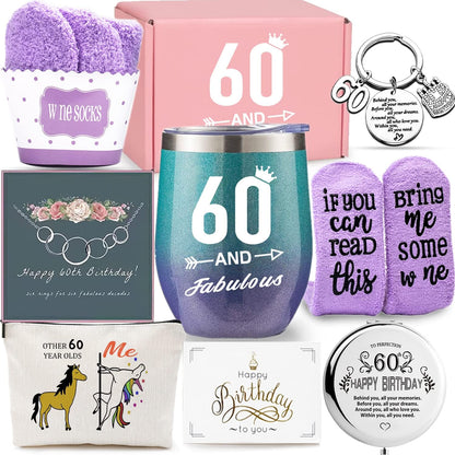 60Th Birthday Gifts Box for Women with 6 Special & Unique Gifts for Mom Sister Best Friend Wife Grandma Coworker | Funny Wine Gift Ideas Mirror Funny Socks Jewelry Makeup Bag Keychain Gift Cards