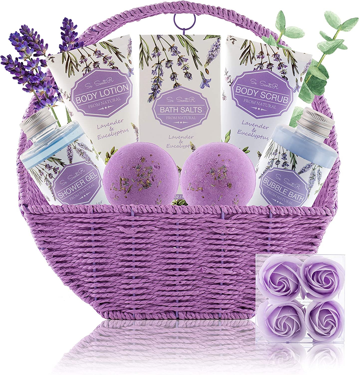 Spa Gift Baskets for Women - Holiday Christmas Gifts for Mom - Relaxing at Home Spa Kit in Lavender Eucalyptus - 12 Pc Home Bath Set Body Lotion Bubble Bath Bombs Bath Salts Shower Gel