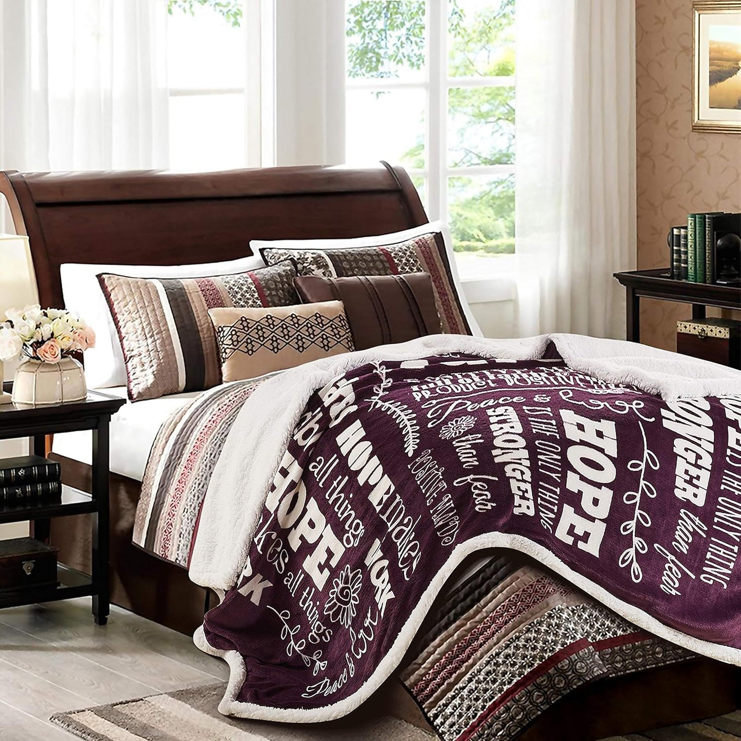 Premium Hope & Faith Gift Throw Blanket - Cozy, Warm & Fluffy Sherpa - Sends Positive Energy, Inspirational Uplifting Comfort for Best Friend, Women, Men & Partner (60X70 Inches) Aubergine