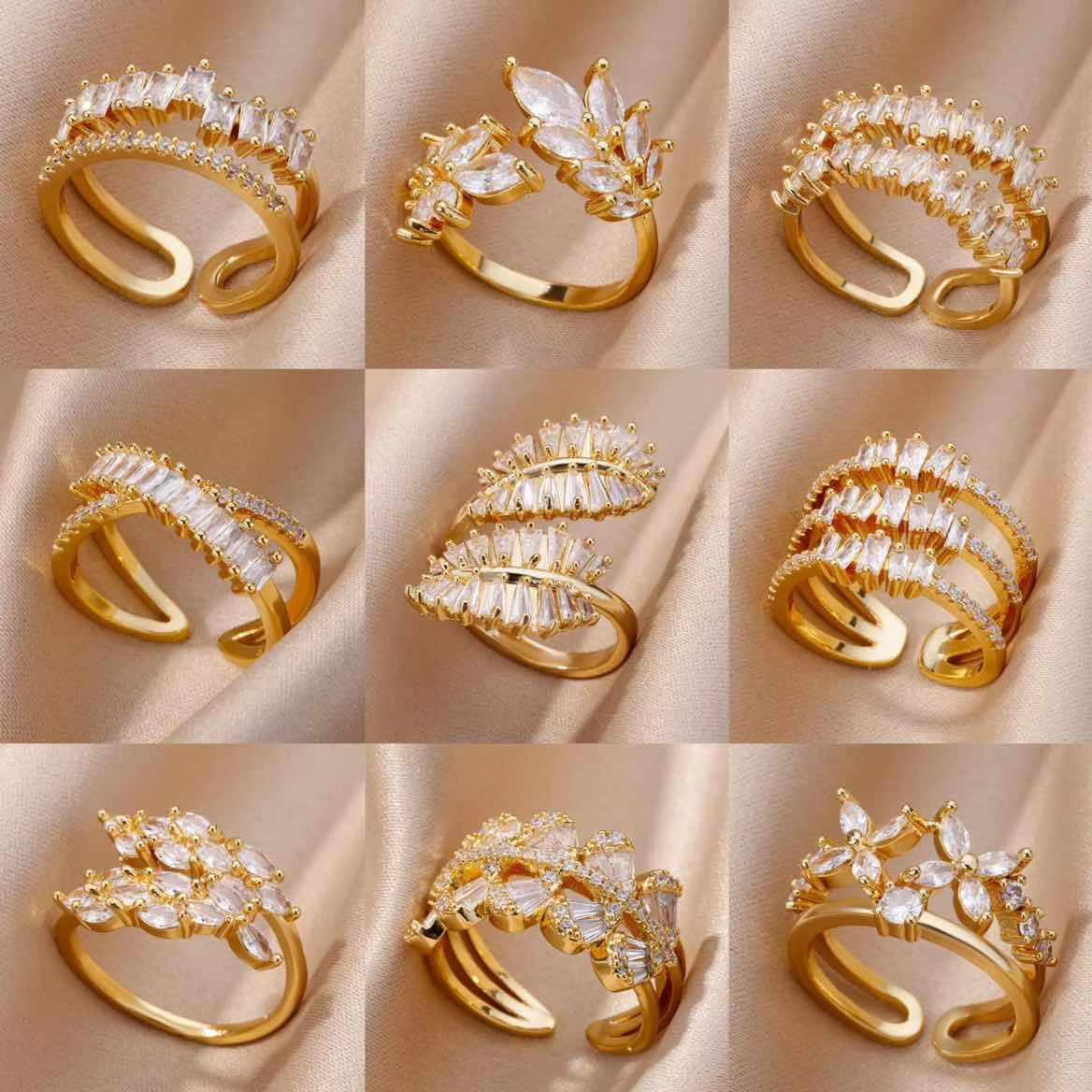 White Zircon Layered Leaf Rings for Women Adjustable Stainless Steel Gold Plated Plant Ring Fashion Aesthetic Wedding Jewerly