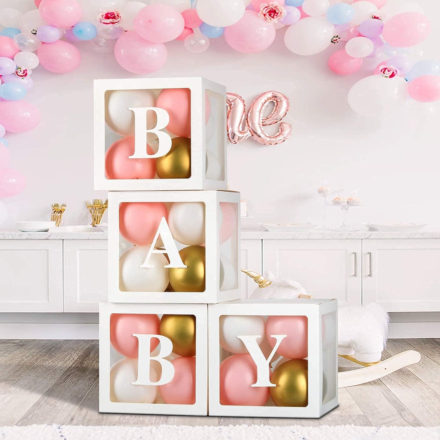 Baby Shower Balloon Box with 24 Balloons, 'BABY' Letters--Diy Clear Baby Blocks for Party Supplies Gender Reveal Birthday Party Decorations for Baby Shower, Photoshoot Props