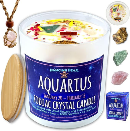 Zodiac Candle Gift Set: Healing Crystals & Stone Holder Necklace