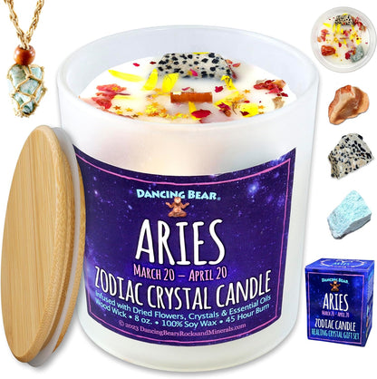 Zodiac Candle Gift Set: Healing Crystals & Stone Holder Necklace