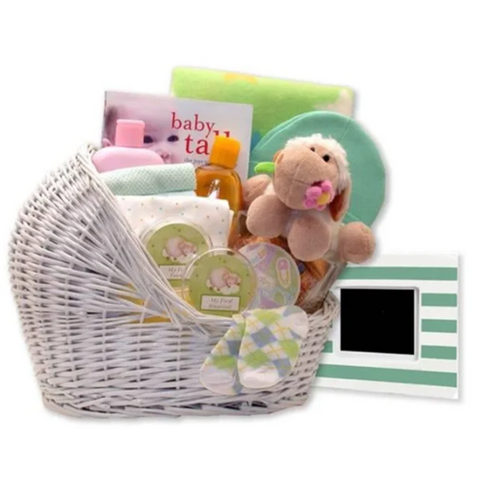 Bassinet White Wicker Baby Gift Basket: Yellow & Teal