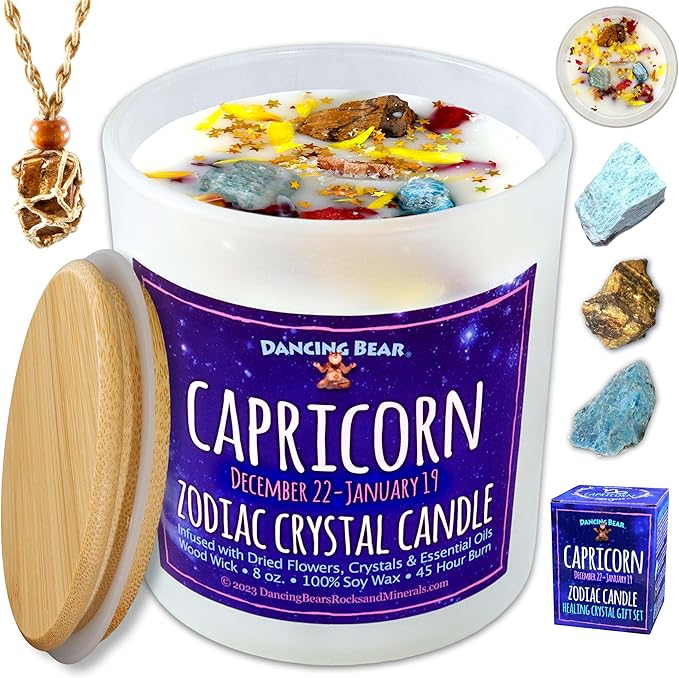 Zodiac Candle Gift Set: Healing Crystals & Stone Holder Necklace