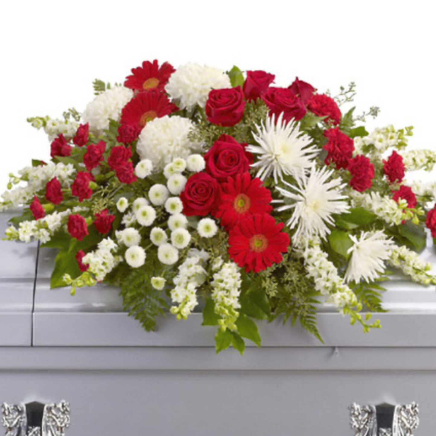 Elegant Tribute: Red & White, Half-Casket Spray Tribute Gift Design