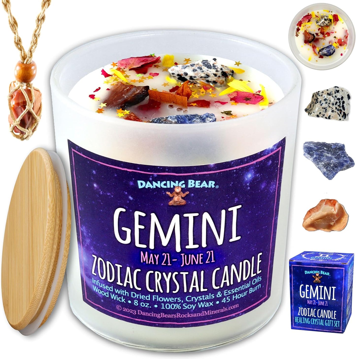 Zodiac Candle Gift Set: Healing Crystals & Stone Holder Necklace