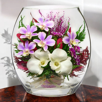 Charming Purple & White Orchids in a Flat Rugby Vase