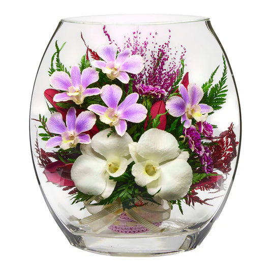 Charming Purple & White Orchids in a Flat Rugby Vase