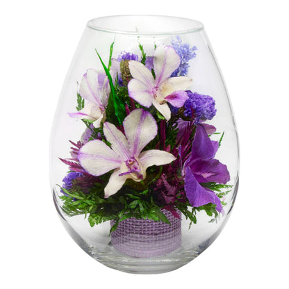 Breathtaking Purple Orchids in a Droplet-Shaped Glass Vase