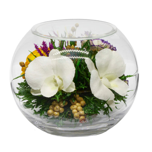 Timeless White Orchids and Roses: Classic Round Vase