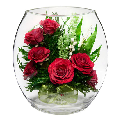 Stunning Red Roses Arranged in a Flat Rugby Glass Vase