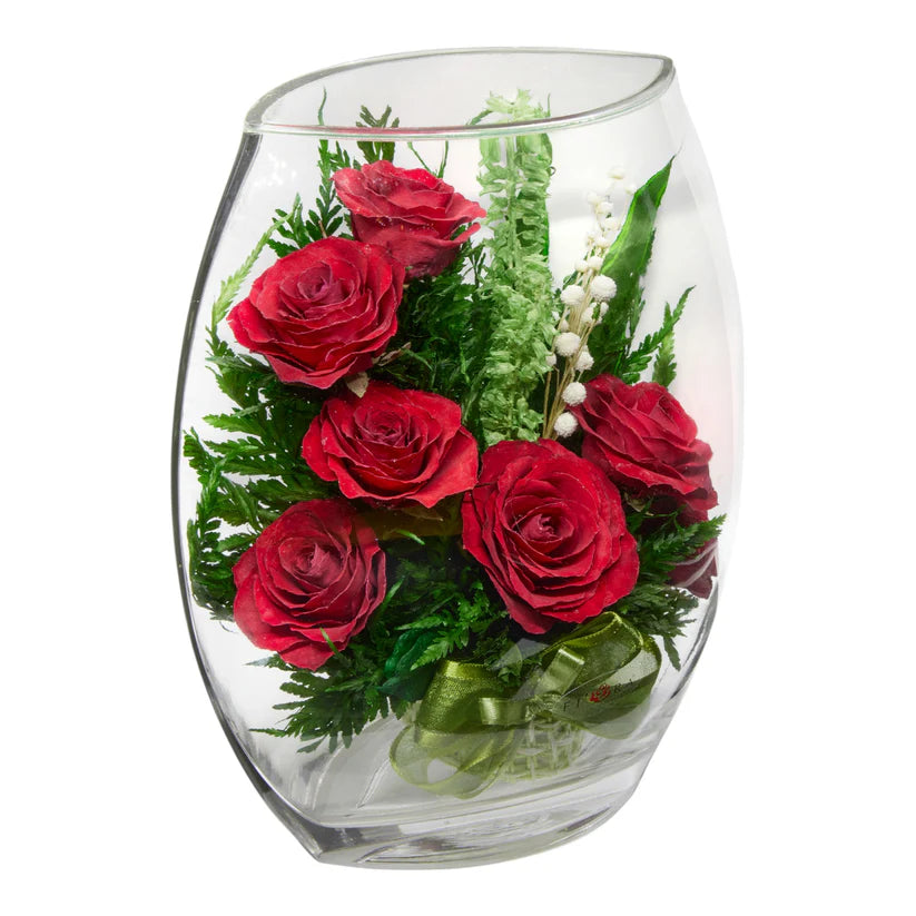 Stunning Red Roses Arranged in a Flat Rugby Glass Vase