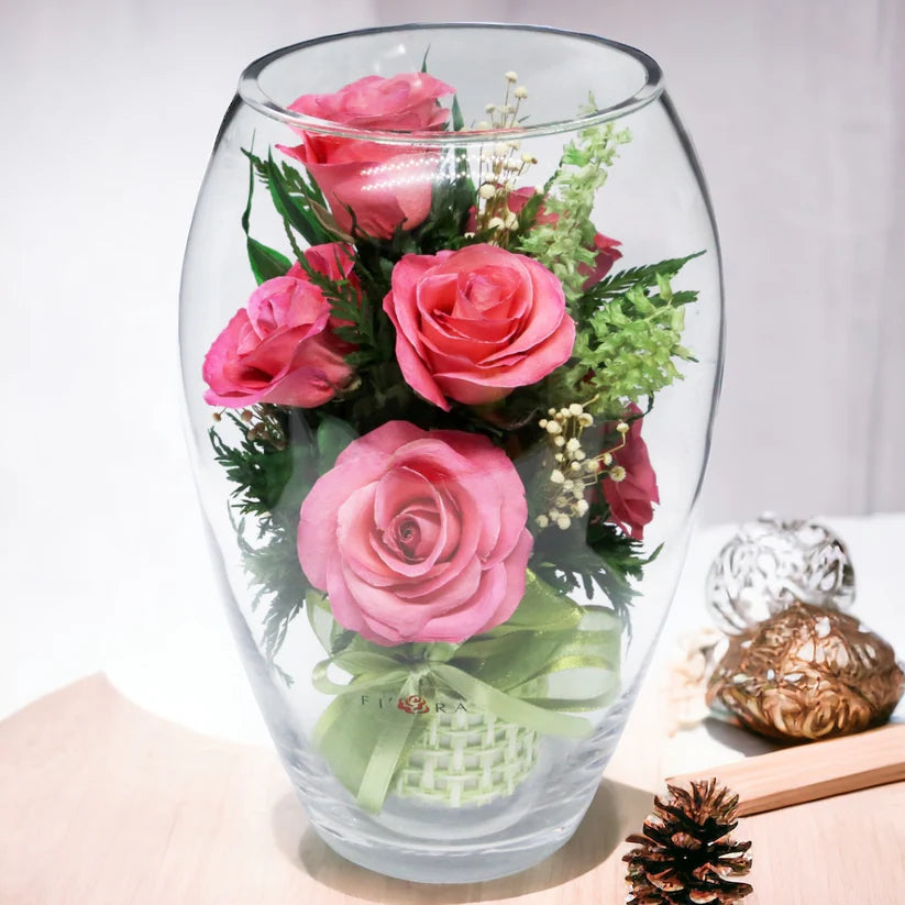 Seven Vibrant Rosy Charm Pink Roses & Stylish Round Vase