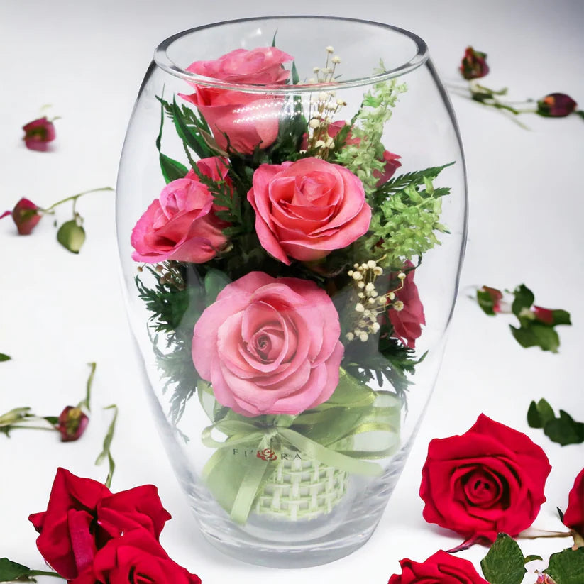 Seven Vibrant Rosy Charm Pink Roses & Stylish Round Vase