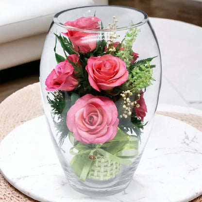 Seven Vibrant Rosy Charm Pink Roses & Stylish Round Vase