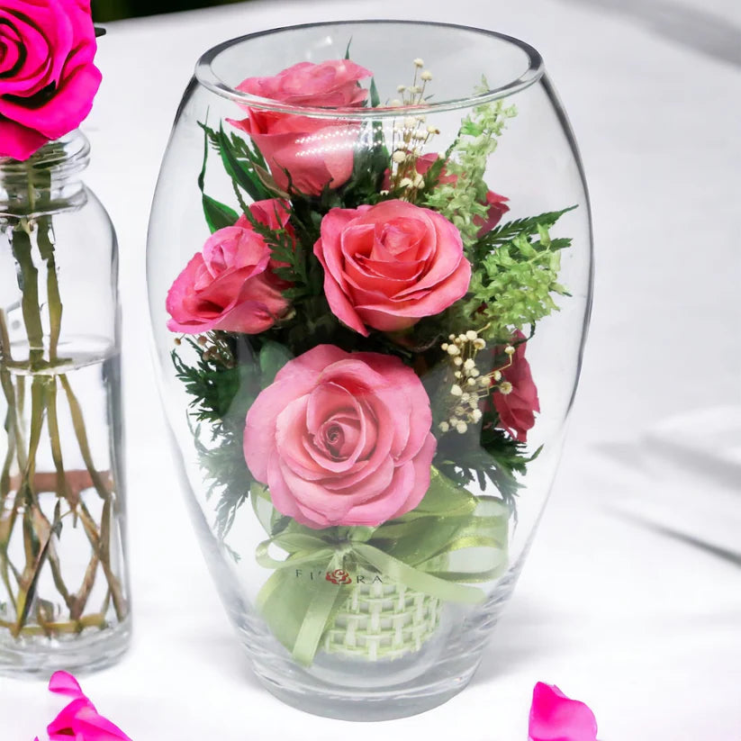 Seven Vibrant Rosy Charm Pink Roses & Stylish Round Vase