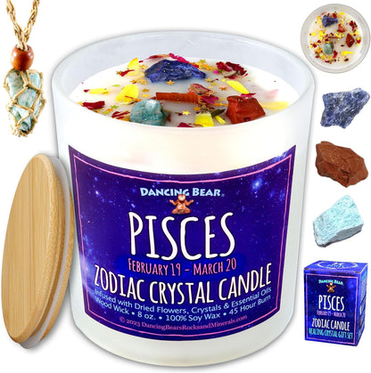 Zodiac Candle Gift Set: Healing Crystals & Stone Holder Necklace