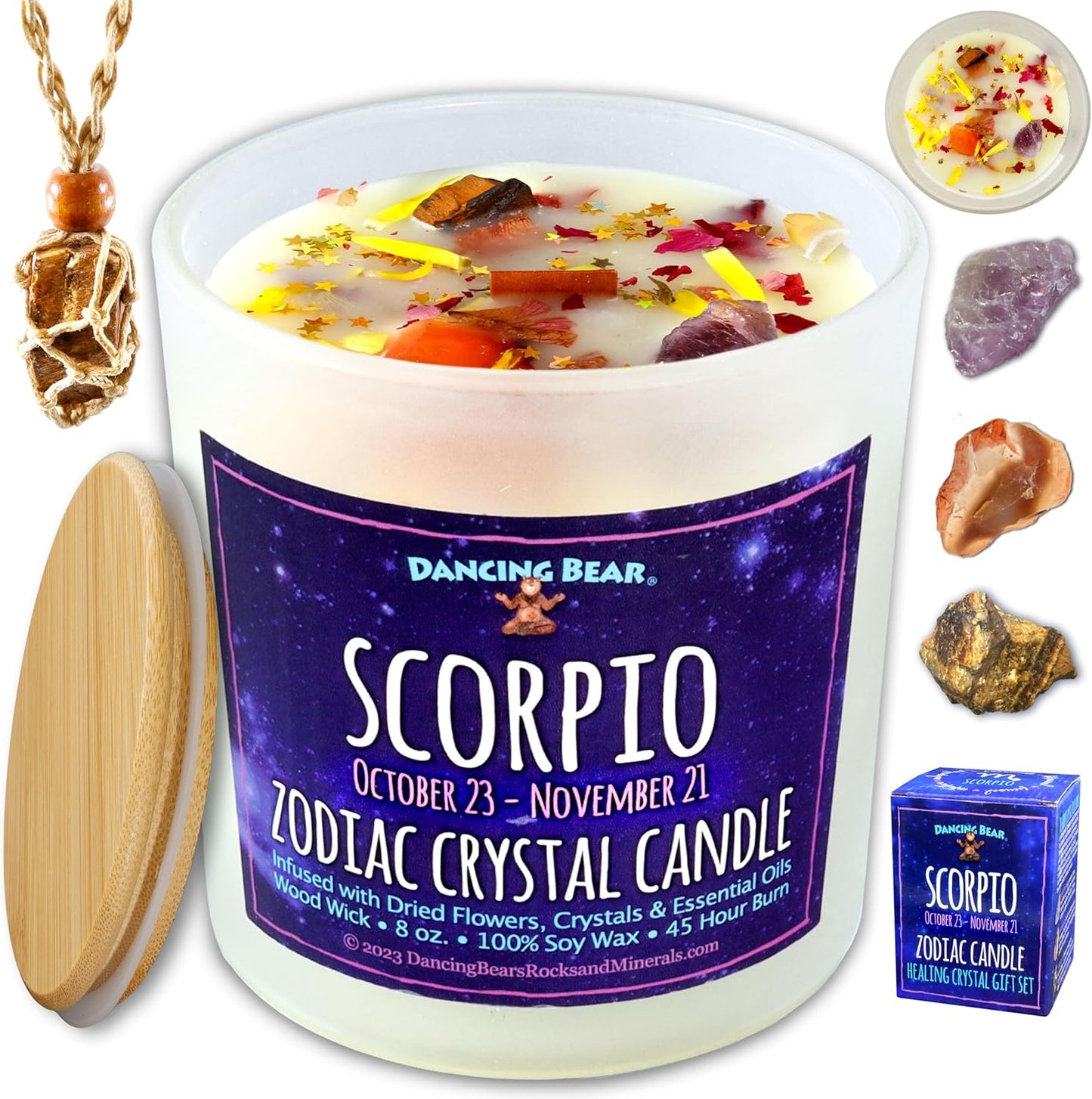 Zodiac Candle Gift Set: Healing Crystals & Stone Holder Necklace