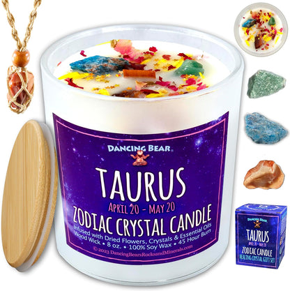 Zodiac Candle Gift Set: Healing Crystals & Stone Holder Necklace