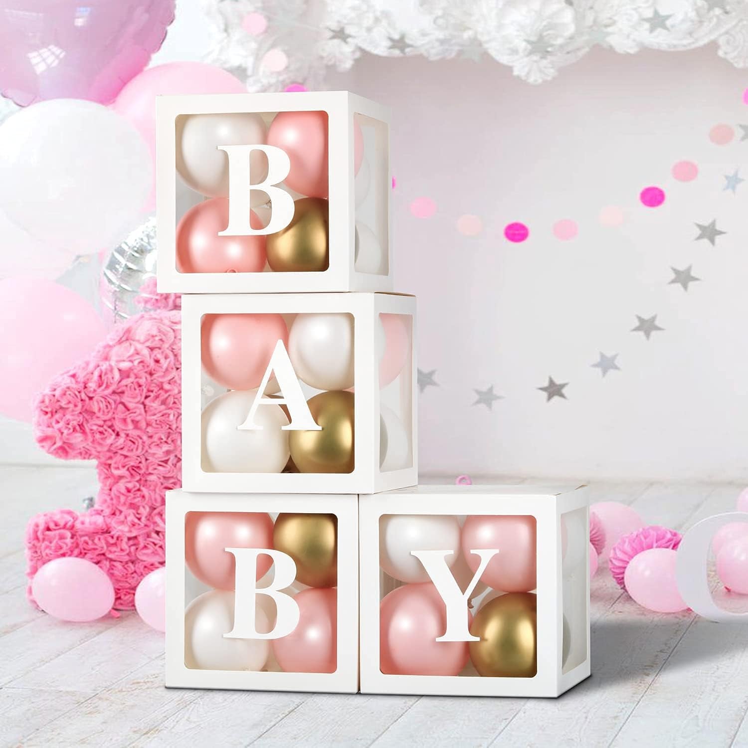 Baby Shower Balloon Box with 24 Balloons, 'BABY' Letters--Diy Clear Baby Blocks for Party Supplies Gender Reveal Birthday Party Decorations for Baby Shower, Photoshoot Props