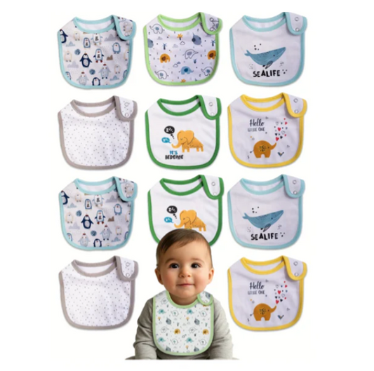 12-piece Cartoon Set, Snap-on Waterproof Boys Bibs