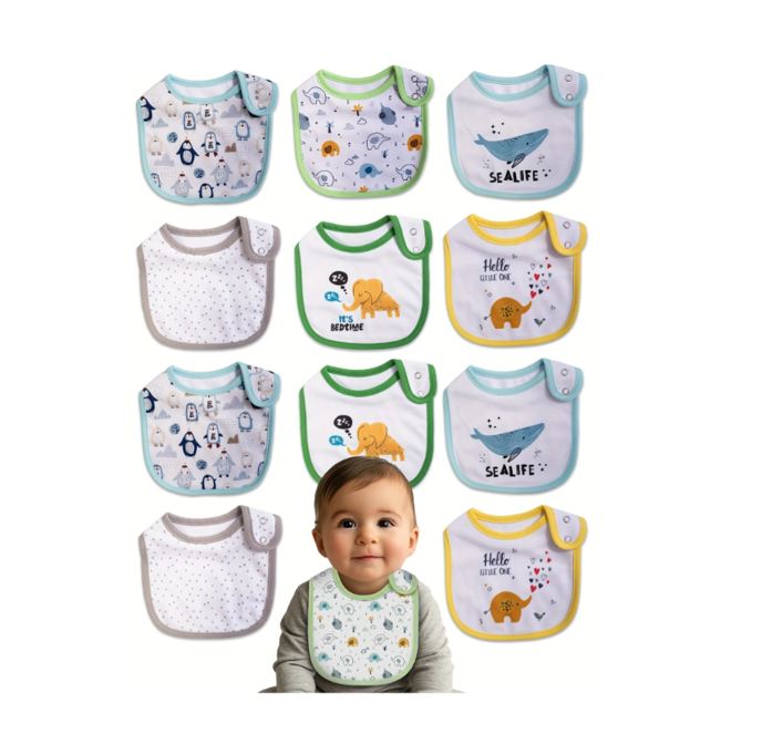 12-piece Set Of Cartoon, Snap-on Waterproof Bibs For Boys