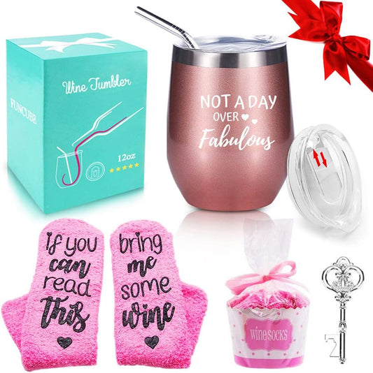 Wine Tumbler and Cupcake Wine Socks Gift Set, 12Oz Wine Tumblers Glasses Coffee Mug with Spillproof Lid and Straw, Stainless Steel Stemless Wine Cup, Best Mother'S Day Birthday Gifts for Women