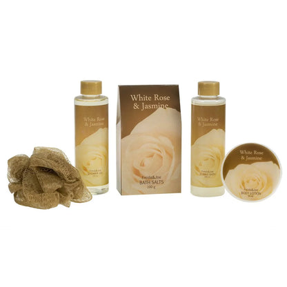 Bath and Body Gift Set for Her White Rose Jasmine Spa Bath Gift Set for Women in Elegant Gold Tub