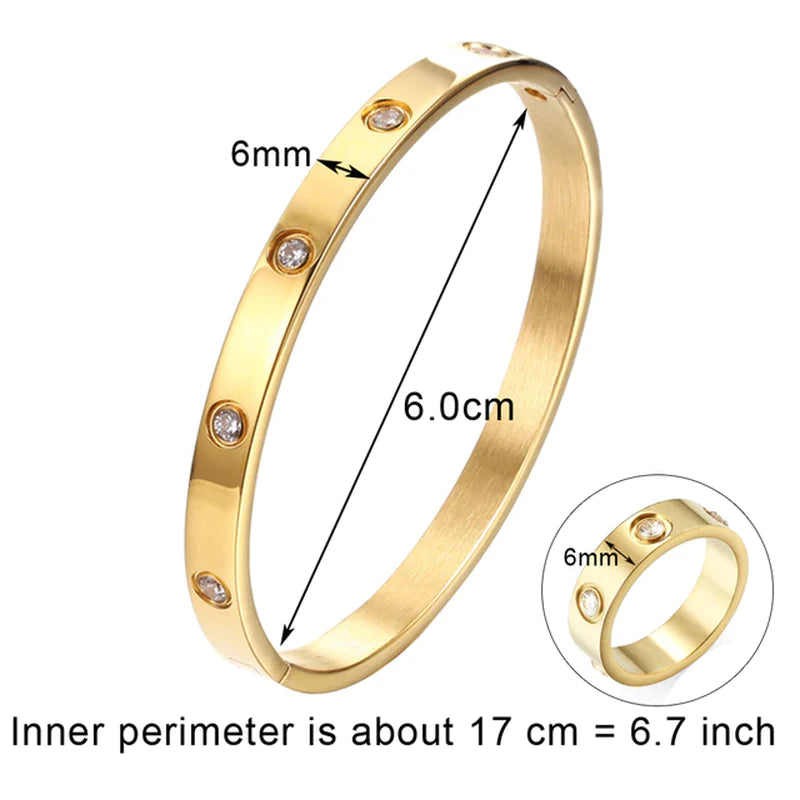 Luxury Bijoux Pulseira Feminina Bangle Ring Set Stainless Steel Jewelry Fit Lover Female Crystal Bracelets Rings Fashion Women