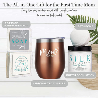 Pregnancy Gifts for First Time Moms - Mom Est. 2021 Spa Bath Box Set W/ Rose Gold Tumbler - New Mom Gift Basket for New Mom - Expecting New Mom Essentials - Pregnancy Must Haves for First Time Moms -