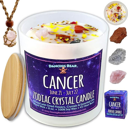 Zodiac Candle Gift Set: Healing Crystals & Stone Holder Necklace